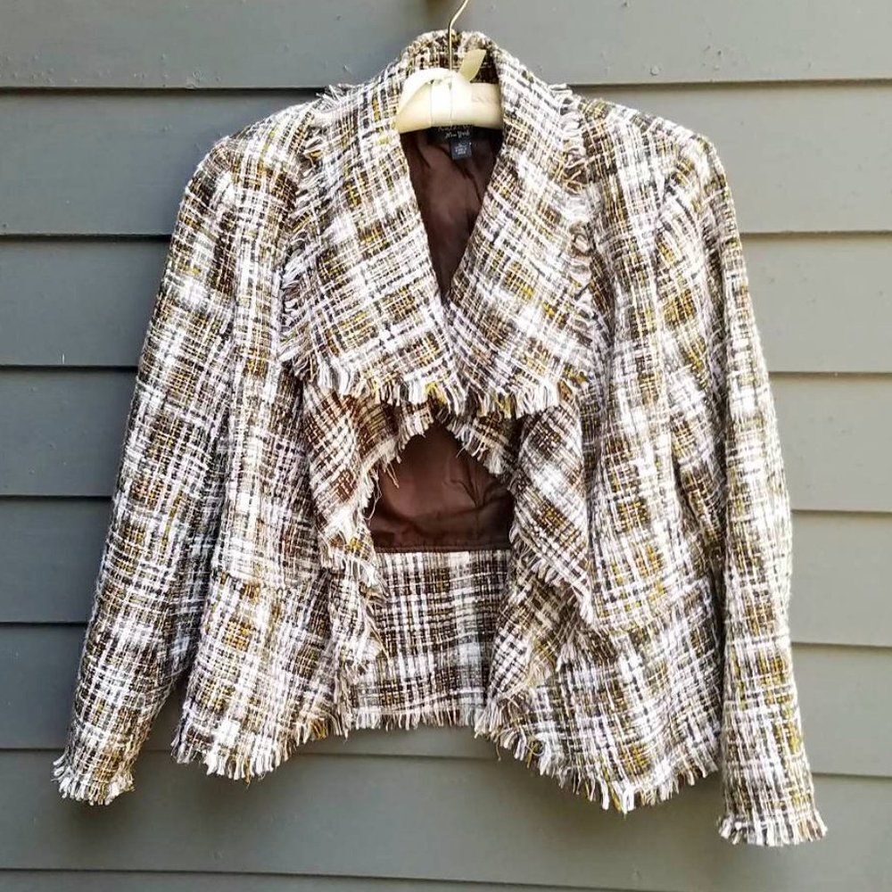 Katherine New York Brown White Metalic Gold Tweed Raw Edge Jacket Large